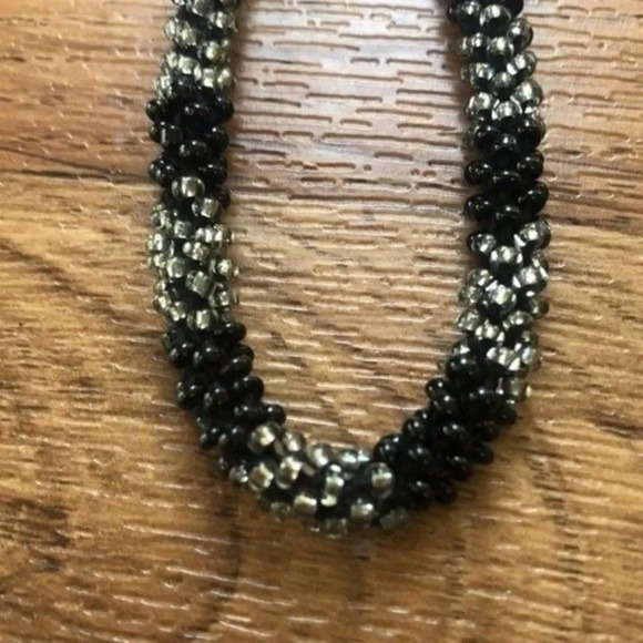 Beaded Necklace Jewelry Fashion Accessory Black Silver Tone Strand - Picture 4 of 6